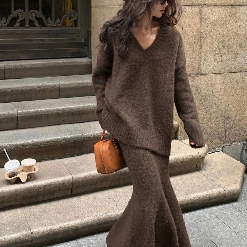 Lazy Style Sweater Set Skirt for Women's Autumn and Winter - Picture 1 of 5